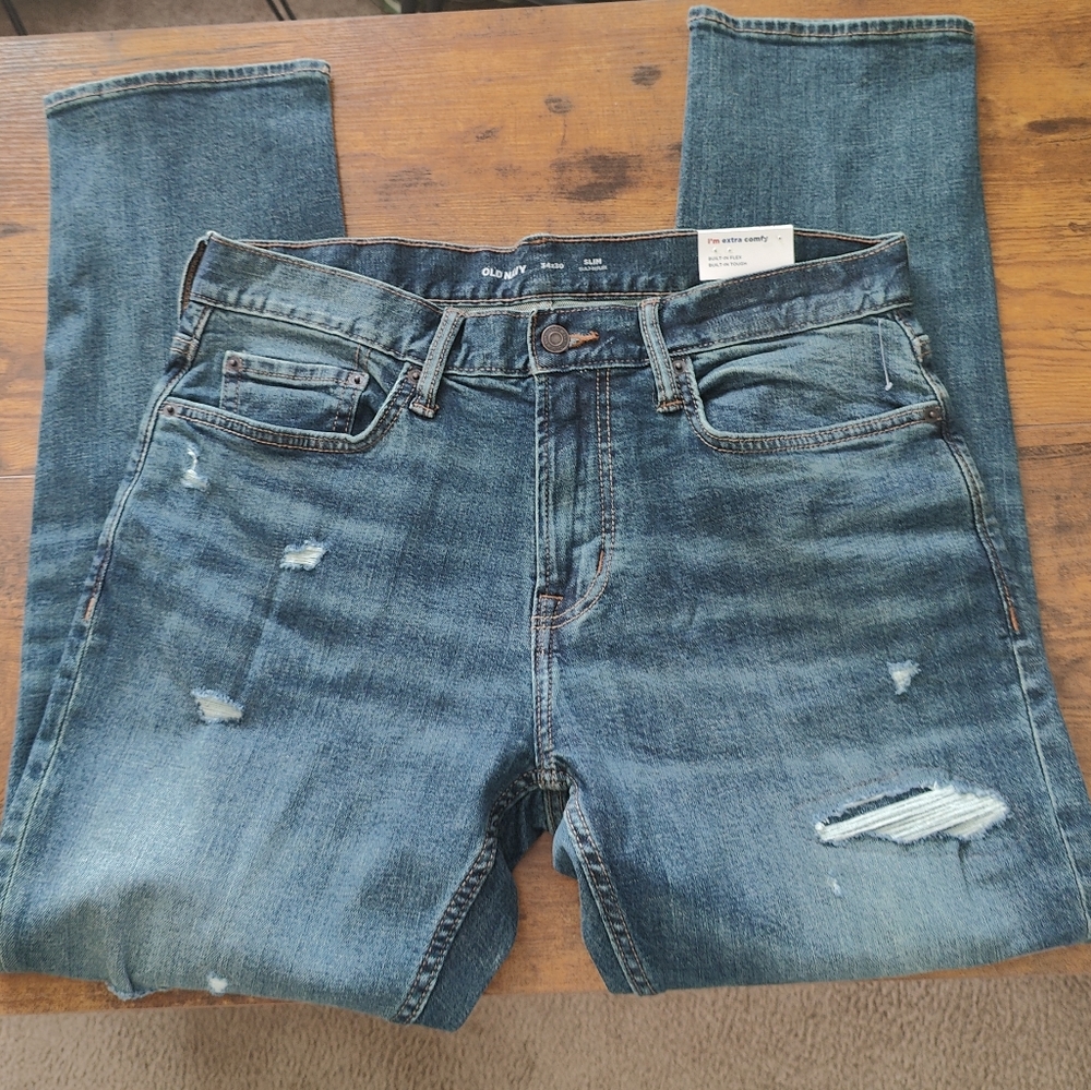 OLD NAVY MEN'S SLIM BUILT-IN FLEX DISTRESSED JEANS BLUE 34 x 30 NEW
